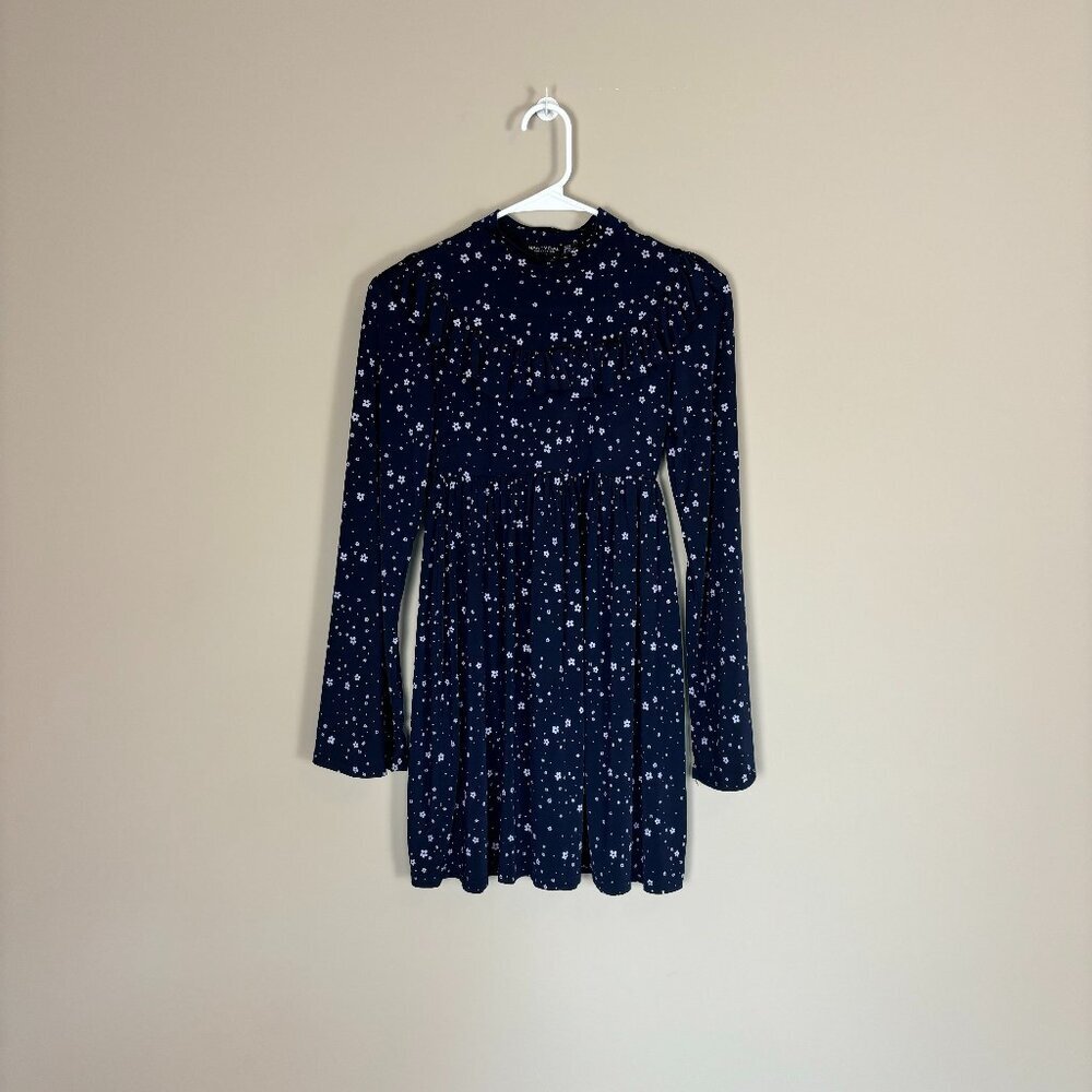 Navy Blue Floral Long Sleeve Mini Dress